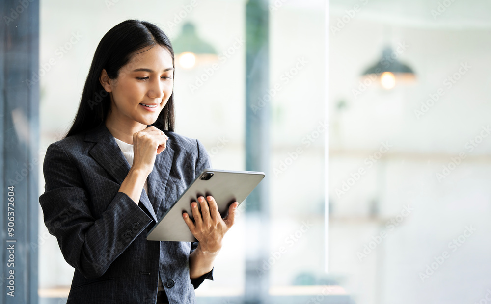 Asian businesswoman CEO holding digital tablet using fintech tab application standing at workplace in office. Asian businesswoman CEO holding digital tablet using fintech tab application standing at workplace in office.