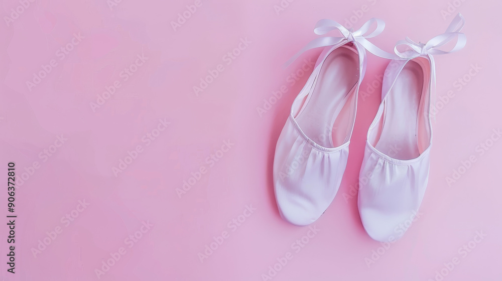 A pair of pristine white ballet slippers with ribbons gracefully tied, set against a soft pink background, embodying elegance and delicacy. A pair of pristine white ballet slippers with ribbons gracefully tied, set against a soft pink background, embodying elegance and delicacy.