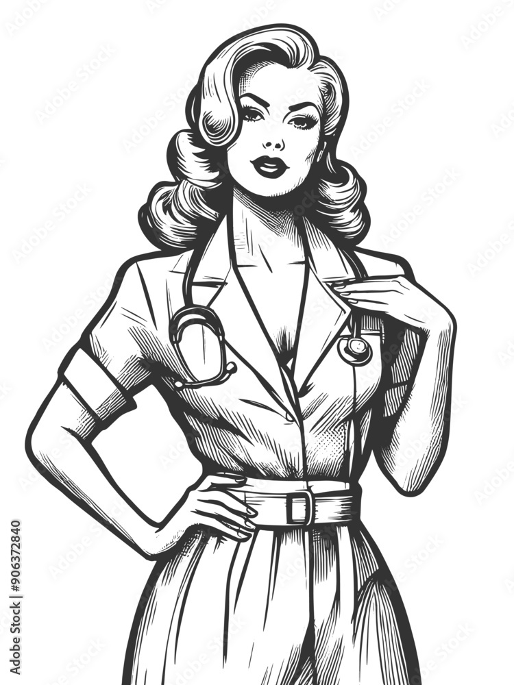 retro nurse in a stylish uniform, featuring playful pose that combines professional attire with vintage charm sketch engraving generative ai vector illustration. Black and white image. retro nurse in a stylish uniform, featuring playful pose that combines professional attire with vintage charm sketch engraving generative ai vector illustration. Black and white image.