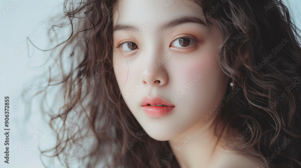 Close-up portrait of a woman with curly hair and a serene expression, set against a soft, light background. Close-up portrait of a woman with curly hair and a serene expression, set against a soft, light background.