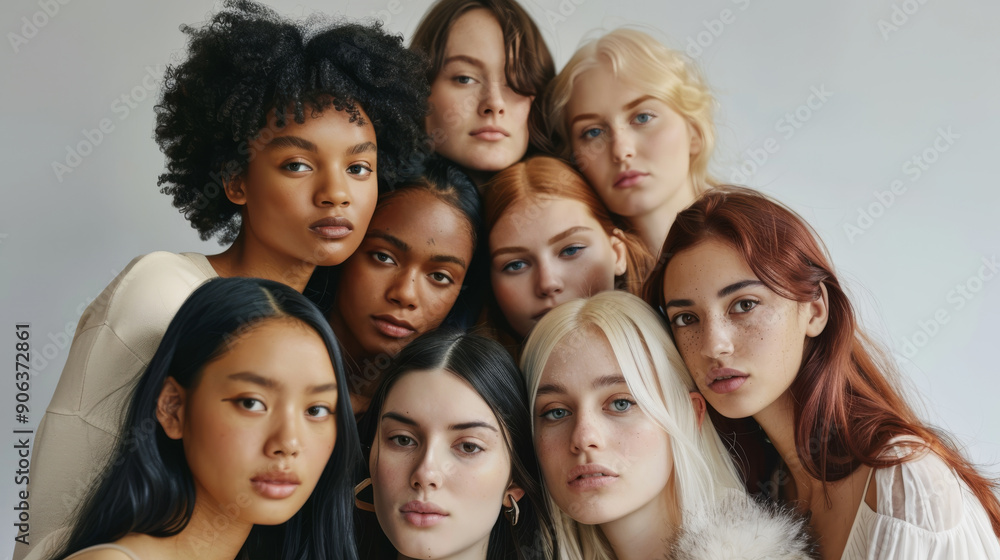 A diverse group of women standing closely together against a plain background, representing unity and beauty in diversity. A diverse group of women standing closely together against a plain background, representing unity and beauty in diversity.