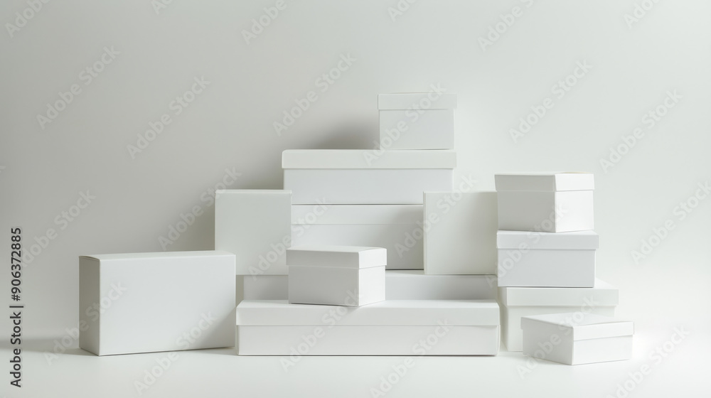 White gift boxes in varied sizes are stacked neatly, showcasing modern design and versatile arrangement against a plain background.