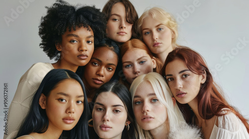A diverse group of women standing closely together against a plain background, representing unity and beauty in diversity.
