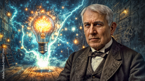 Portrait of Thomas Alva Edison with lightning surrounds glowing bulb, electricity, and mechanical devices. Steampunk background with gears and lightning. Concept of innovation and genius.