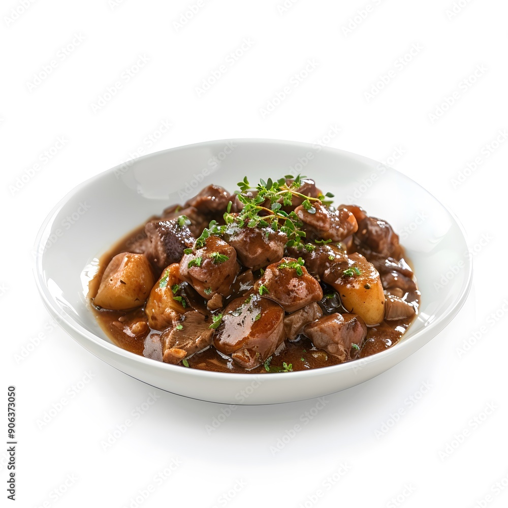 Savory beef stew with potatoes and herbs in a white bowl. Savory beef stew with potatoes and herbs in a white bowl.