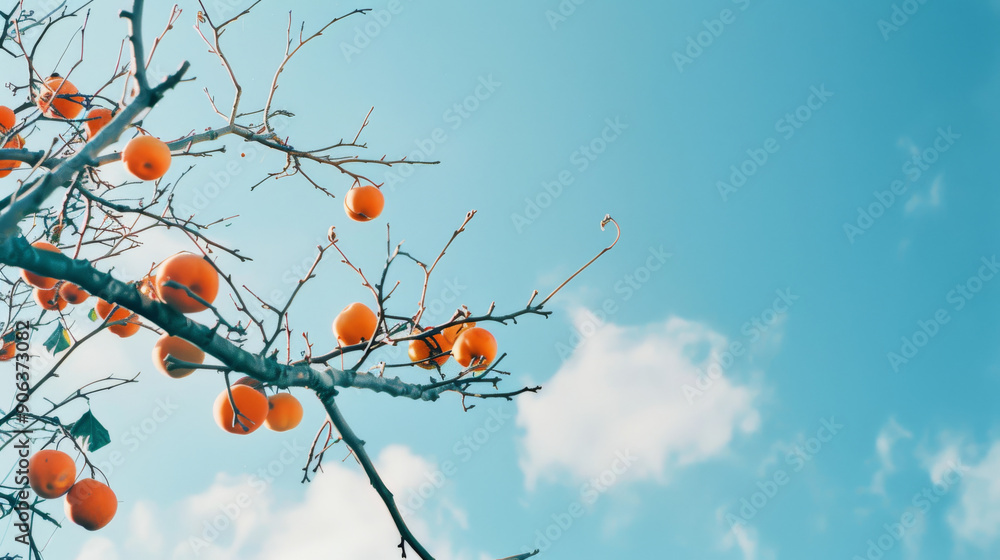 Vibrant persimmons hang on bare branches against a bright blue sky with scattered clouds, capturing autumn’s essence. Vibrant persimmons hang on bare branches against a bright blue sky with scattered clouds, capturing autumn’s essence.