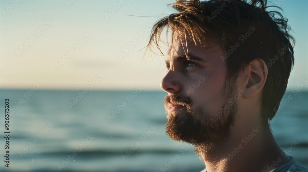 A young man with tousled hair gazes thoughtfully at the horizon near the ocean, illuminated by the soft light of dawn. A young man with tousled hair gazes thoughtfully at the horizon near the ocean, illuminated by the soft light of dawn.