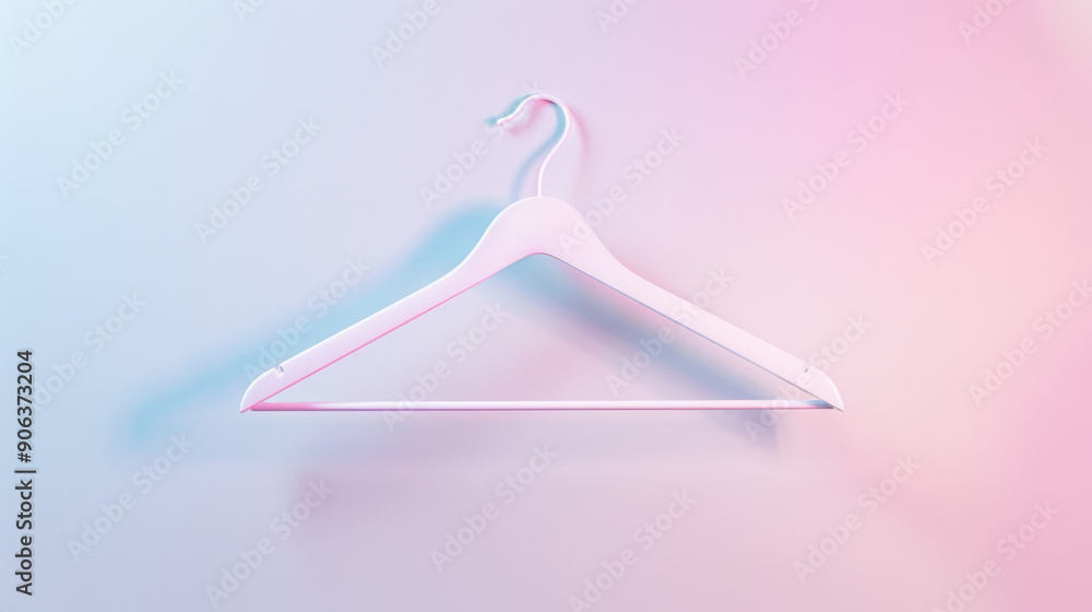 A single sleek white hanger with a minimalist design hanging against a pastel pink and light blue background, creating a soft and modern aesthetic. A single sleek white hanger with a minimalist design hanging against a pastel pink and light blue background, creating a soft and modern aesthetic.