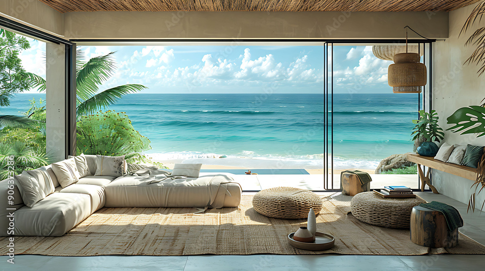 Fototapeta premium Interior a focus on Aesthetic highlighting a coastalinspired living room with light colors natural textures and seathemed decor