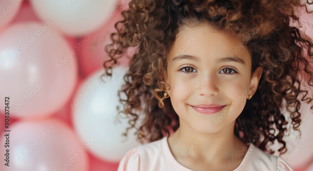 Happy Girl With Curly Hair Smiling Against a Colorful Balloon Background Happy Girl With Curly Hair Smiling Against a Colorful Balloon Background