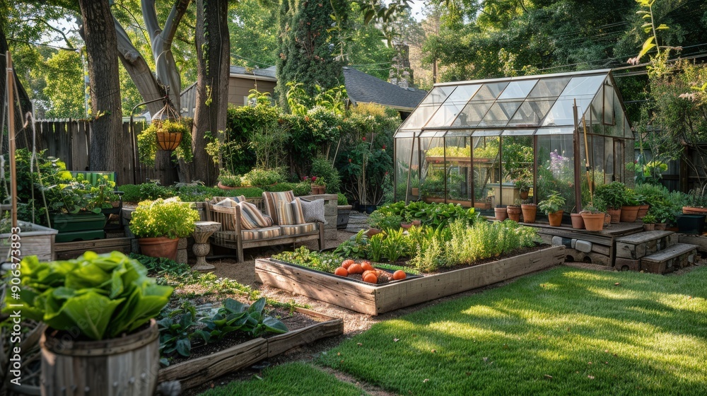 A peaceful backyard garden with vegetable beds, a small greenhouse, and comfortable seating to enjoy the outdoors. A peaceful backyard garden with vegetable beds, a small greenhouse, and comfortable seating to enjoy the outdoors.
