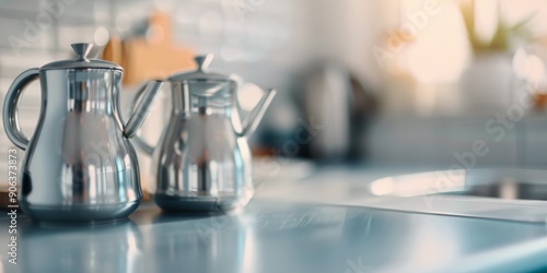Set of Three Silver Teapots on a Kitchen Counter During Daylight