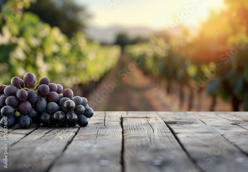 Glass of Red Wine Next to Grapes on Wooden Table at Sunset in Vineyard