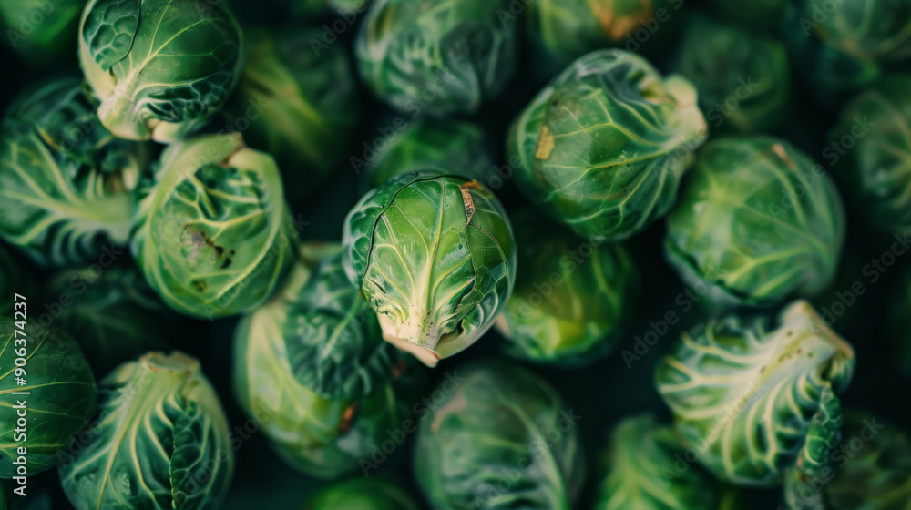 Obraz premium A close-up of fresh Brussels sprouts, showcasing the textured and vibrant green surface, emphasizing freshness and crispness.