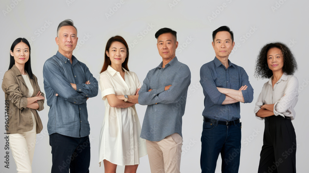 A diverse group of six professionals pose confidently with crossed arms, embodying teamwork, diversity, and professionalism in a neutral studio setting. A diverse group of six professionals pose confidently with crossed arms, embodying teamwork, diversity, and professionalism in a neutral studio setting.