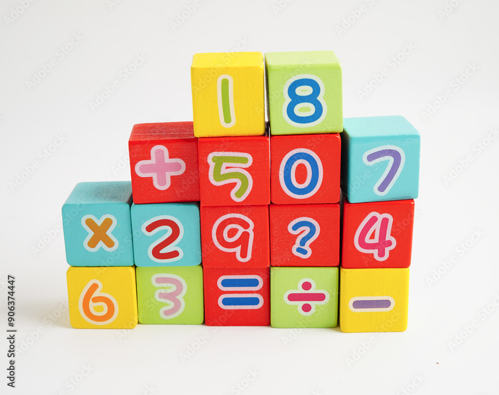 Number wood block cubes for learning Mathematic, education math concept.