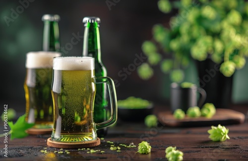 Craft Beer Bottles and Glass on Wooden Table With Fresh Hops in Cozy Setting
