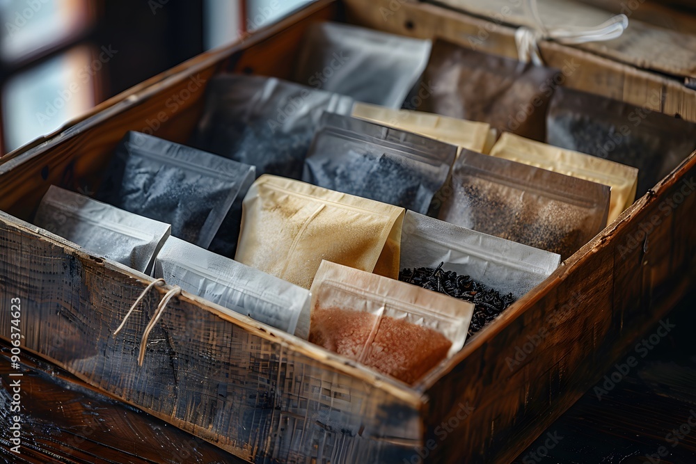 A Rustic Wooden Box Filled with Assorted Spices and Teas A Rustic Wooden Box Filled with Assorted Spices and Teas