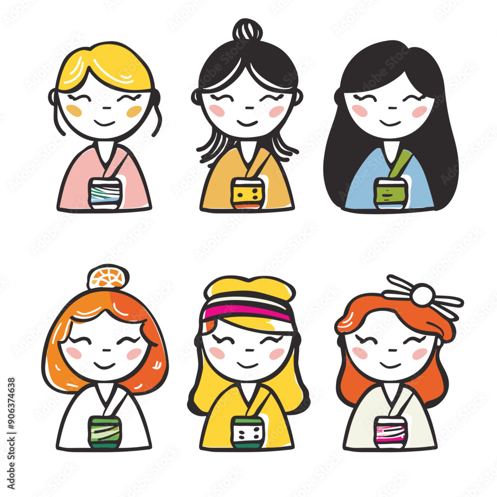 Six cartoon women wearing traditional Asian clothing, holding smartphone. Smiling female characters, various hairstyles, cute, colorful attire. Diversity, technology, modern cultural fusion Six cartoon women wearing traditional Asian clothing, holding smartphone. Smiling female characters, various hairstyles, cute, colorful attire. Diversity, technology, modern cultural fusion