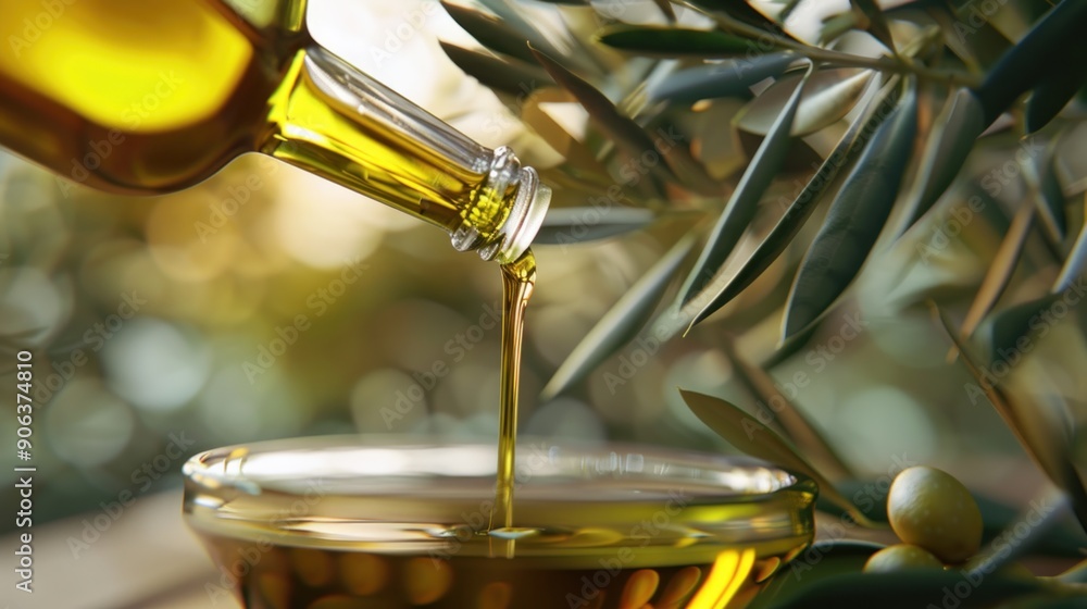 Olive Oil Pouring into Bowl with Olive Tree Branches in Background Olive Oil Pouring into Bowl with Olive Tree Branches in Background