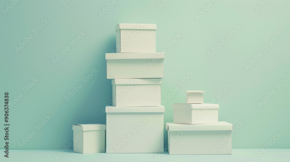 A pile of white, variously sized gift boxes stacked neatly against a pastel mint background, evoking simplicity and elegance. A pile of white, variously sized gift boxes stacked neatly against a pastel mint background, evoking simplicity and elegance.