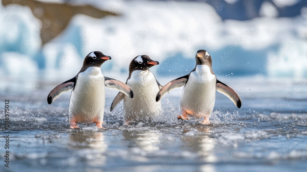 Fototapeta premium Icy glacial bay, penguins engaging in play, natural cold setting