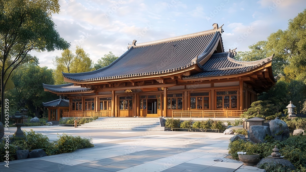 Buddhist temple with timber architecture, a sanctuary of peace and reflection, spiritual escape Buddhist temple with timber architecture, a sanctuary of peace and reflection, spiritual escape
