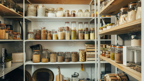 A neatly organized pantry filled with jars of grains, spices, and other dry goods, showcasing a tidy and well-maintained storage space.