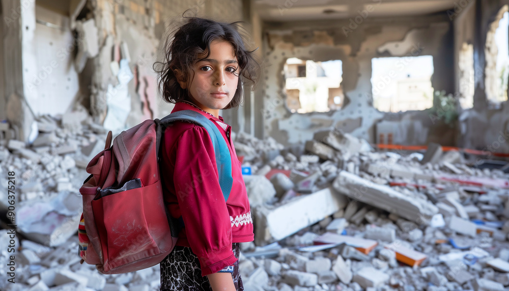 Kids in first day of school with backpack in war zone, conflict Stock ...