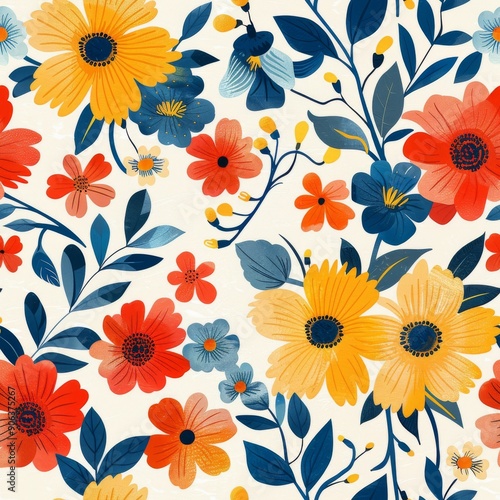 Seamless floral pattern with colorful flowers and leaves. illustration. © habiburrahaman