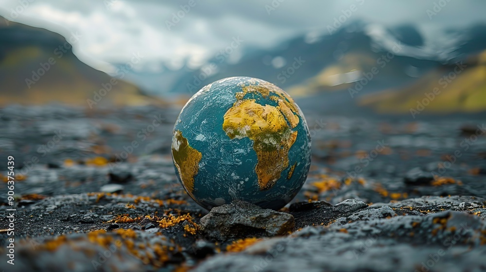 A small globe depicting Earth placed on a rocky terrain with blurred mountains in the background. A small globe depicting Earth placed on a rocky terrain with blurred mountains in the background.