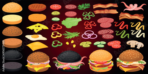 Vector cartoon image of a hamburger with ingredients. Fast food and tasty food concept. Elements for your design. Banner for a website, leaflets, etc.