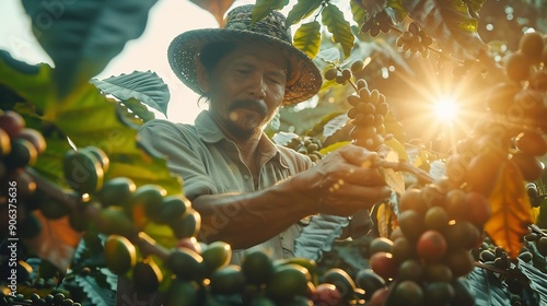 Asian man farmer drying raw coffee beans in the sun at coffee plantation in Chiang Mai Thailand Farm worker harvesting and process organic arabica coffee bean in greenhouse on the moun : Generative AI photo