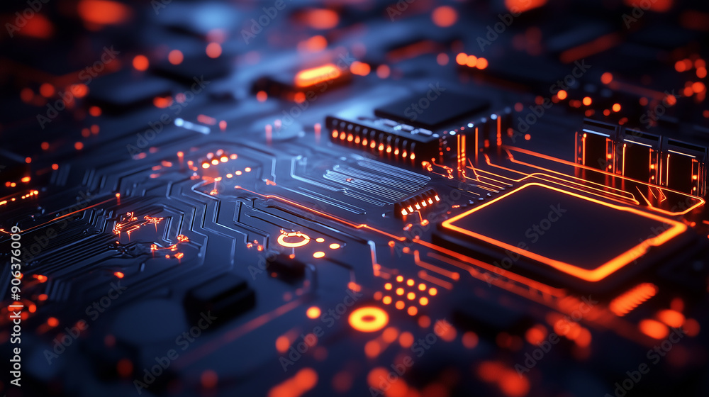 A close up of a computer chip with a lot of orange lights. Concept of technology and complexity A close up of a computer chip with a lot of orange lights. Concept of technology and complexity