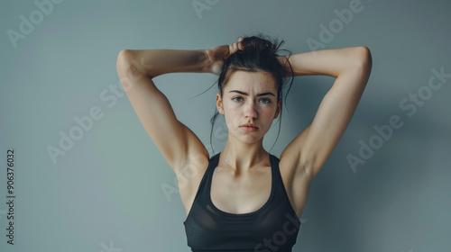Woman in activewear with intense expression, arms lifted, creating a strong and determined atmosphere.
