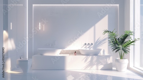 Minimalist Bathroom Design with White Tub and Lush Greenery