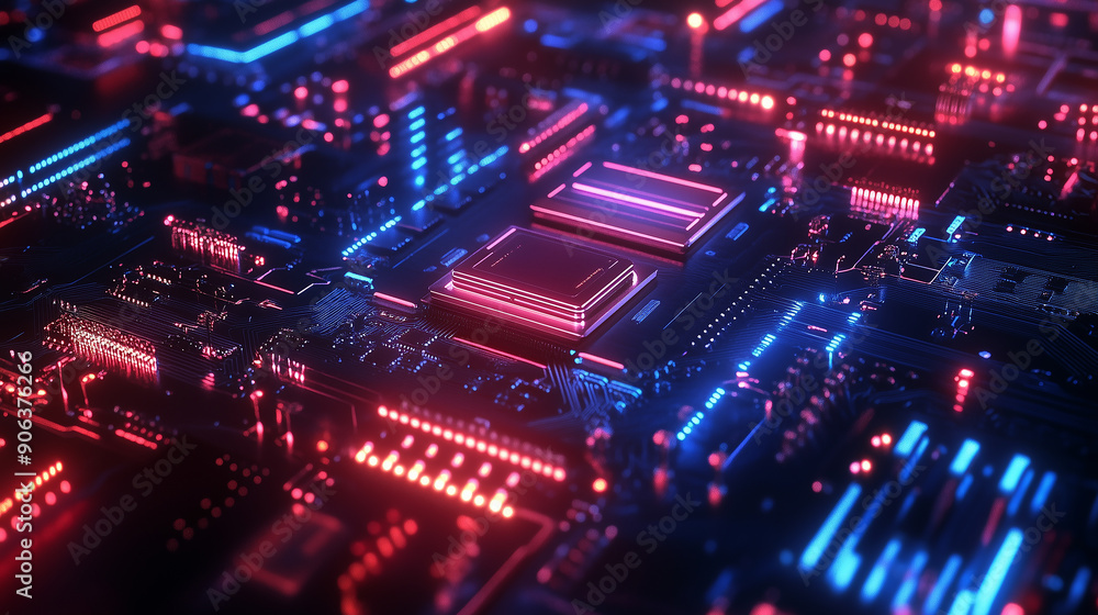 A close up of a computer chip with a lot of orange lights. Concept of technology and complexity A close up of a computer chip with a lot of orange lights. Concept of technology and complexity