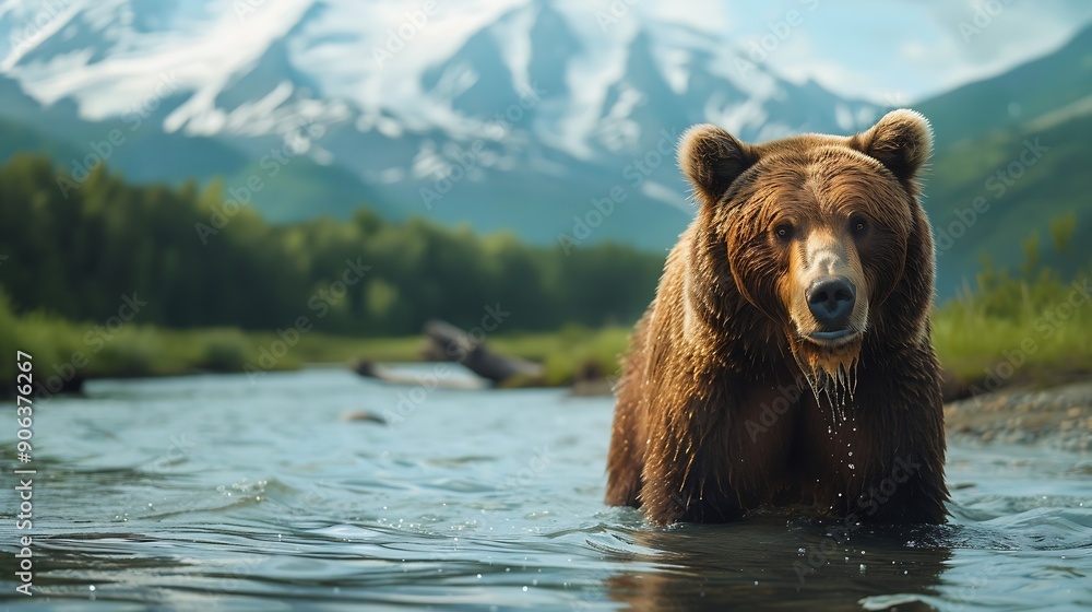 Brown bear Ursus Arctos stands in the water behind mountains Katmai National Park Alaska USA : Generative AI Brown bear Ursus Arctos stands in the water behind mountains Katmai National Park Alaska USA : Generative AI