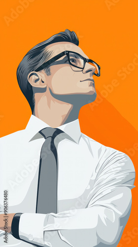 A man in a white shirt and gray tie is looking up at the camera. The image has a professional and serious tone, with the man's posture and attire suggesting that he is in a work or business setting