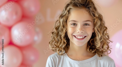 Happy Girl Smiling in Front of Pink and Silver Balloon Decoration at Celebration
