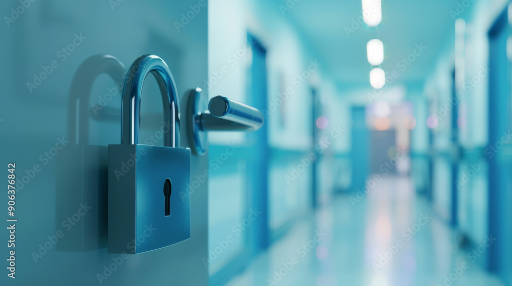 Fototapeta premium A large padlock secures a door in a cool-toned hallway, symbolizing security and solitude in a tranquil and organized environment.