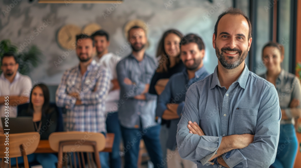A group of colleagues in a business casual setting stands together confidently in an open office, portraying teamwork and professional unity. A group of colleagues in a business casual setting stands together confidently in an open office, portraying teamwork and professional unity.
