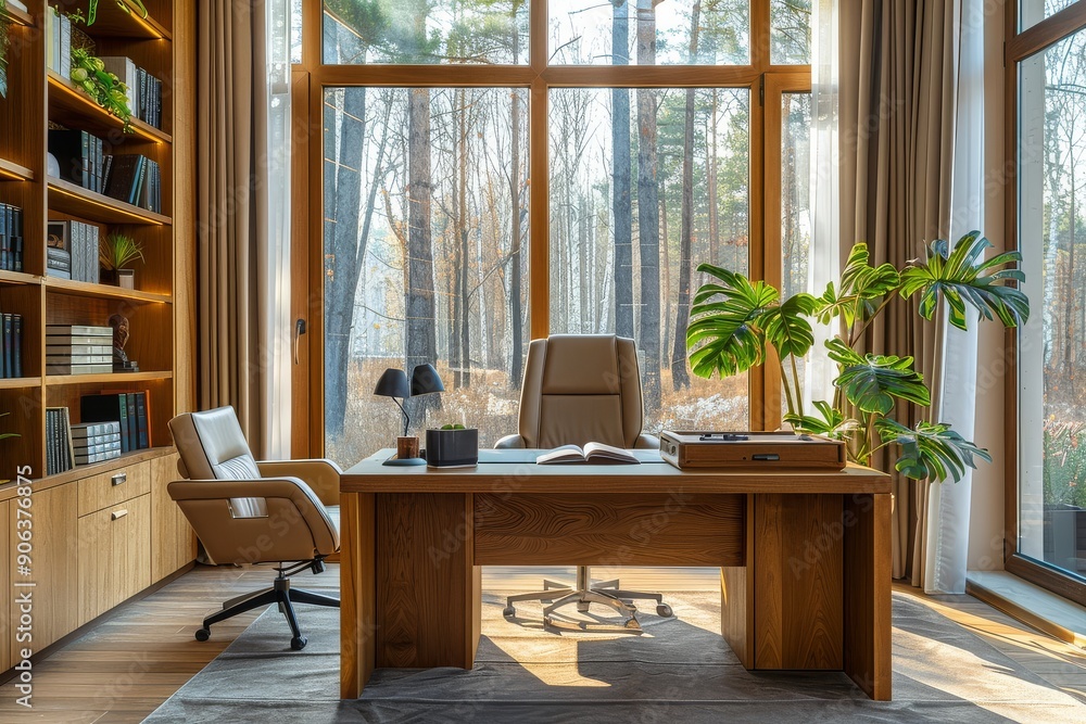 Modern office interior with a wooden desk, chairs, and bookcase near a window overlooking a forest landscape. Minimalist executive room in light beige tones, realistic photography with soft lighting. Modern office interior with a wooden desk, chairs, and bookcase near a window overlooking a forest landscape. Minimalist executive room in light beige tones, realistic photography with soft lighting.