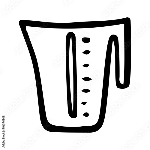 Measuring cup hand drawn doodle. Container for measuring bulk and liquid products and household chemicals. Kitchen or laundry facility. Vector outline line art illustration.