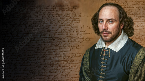 William Shakespeare - realistic portrait with handwritten text in background. Renaissance outfit with white collar and ornate buttons. Perfect for historical and literary themes.