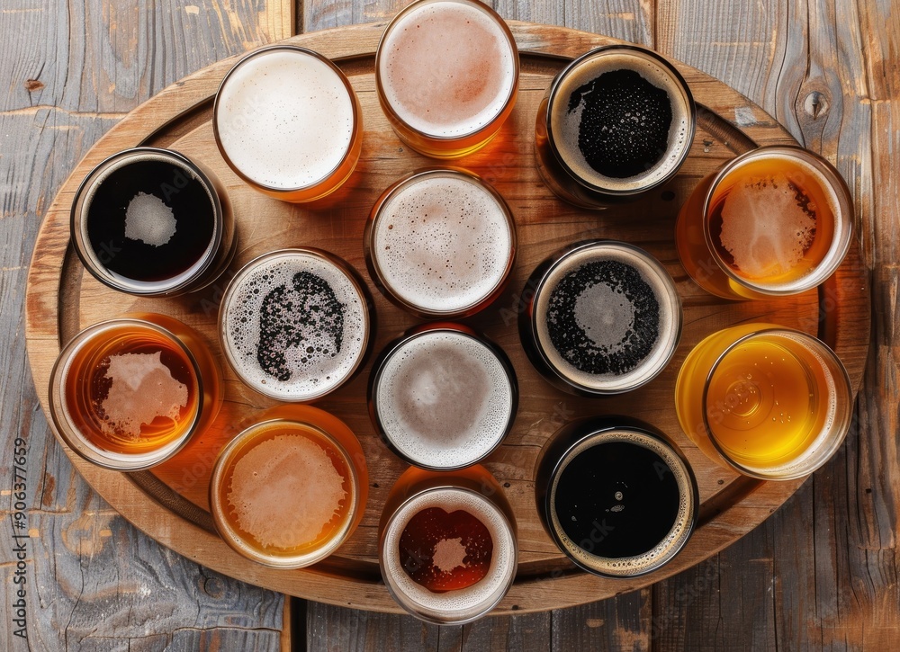 Twelve Craft Beers on a Wooden Tray in a Rustic Bar Setting