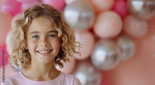 Happy Girl Smiling in Front of Pink and Silver Balloon Decoration at Celebration