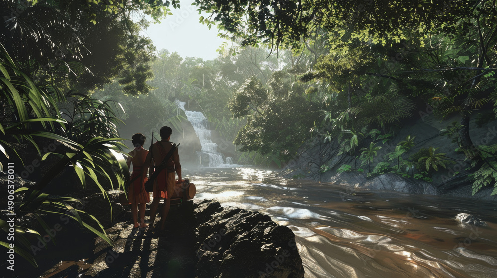 Two people stand beside a serene river in a lush jungle, gazing towards a cascading waterfall enveloped in rays of sunlight. Two people stand beside a serene river in a lush jungle, gazing towards a cascading waterfall enveloped in rays of sunlight.