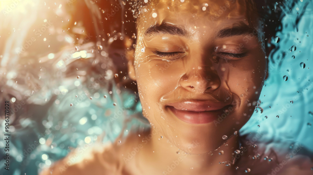 Close-up of a person with eyes closed, floating peacefully on water, illuminated by soft sunlight, capturing a serene, dreamy moment. Close-up of a person with eyes closed, floating peacefully on water, illuminated by soft sunlight, capturing a serene, dreamy moment.