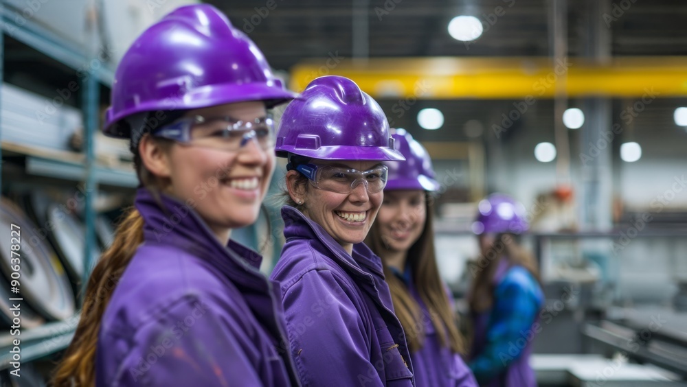 A team of smiling female workers in purple safety helmets and gear pose together confidently.Generated image A team of smiling female workers in purple safety helmets and gear pose together confidently.Generated image
